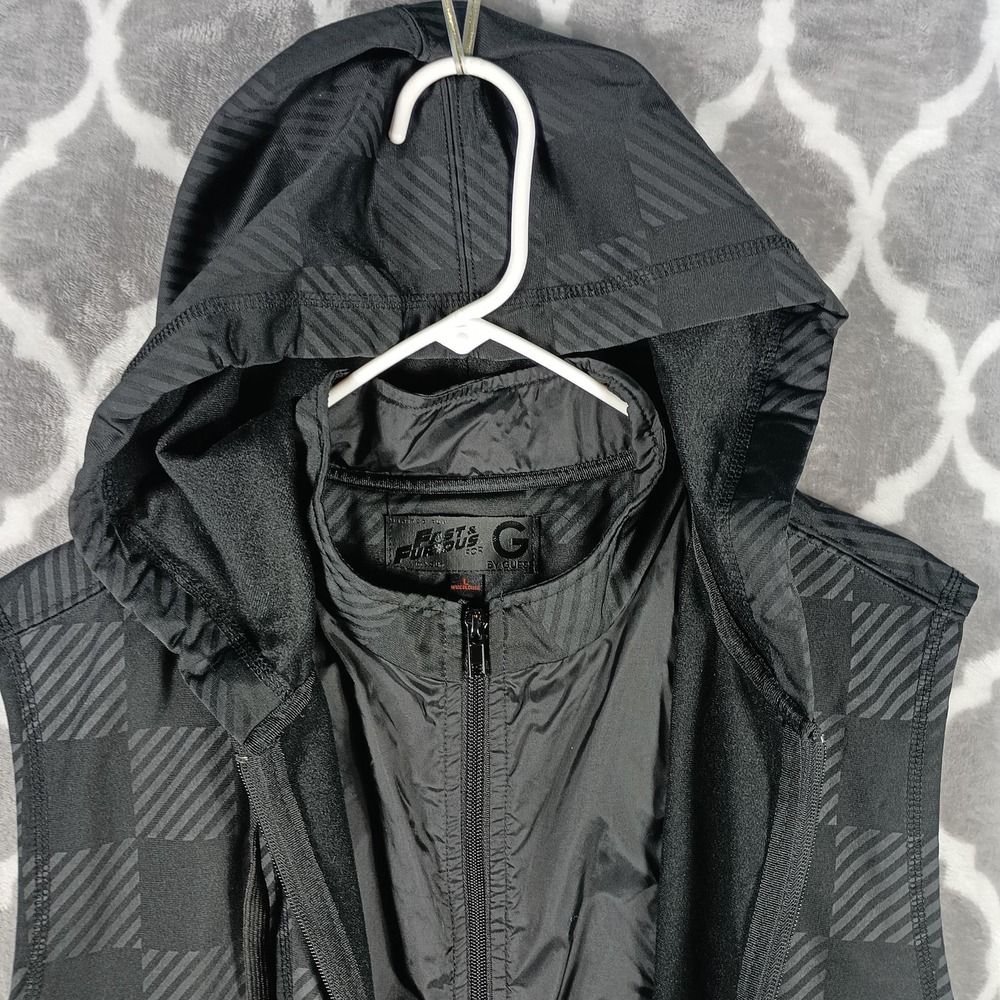 Guess Fast & Furious Vest Men L Black Hooded Full Zip Checkered Limited Run
